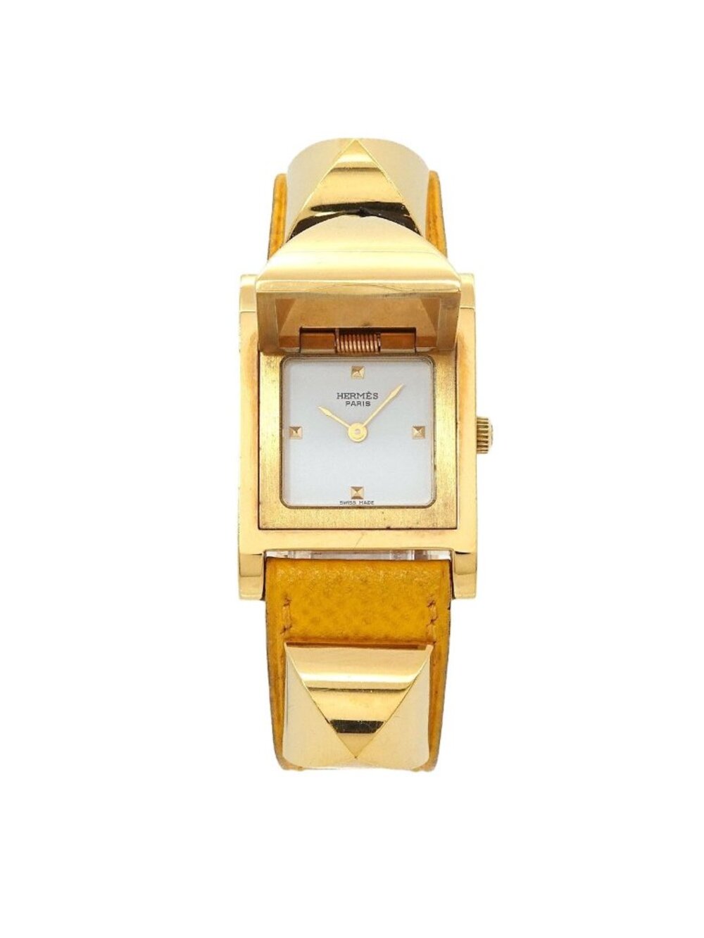 Hermes Medor Vintage Watch Pyramid Gold Studs White Yellow Quartz